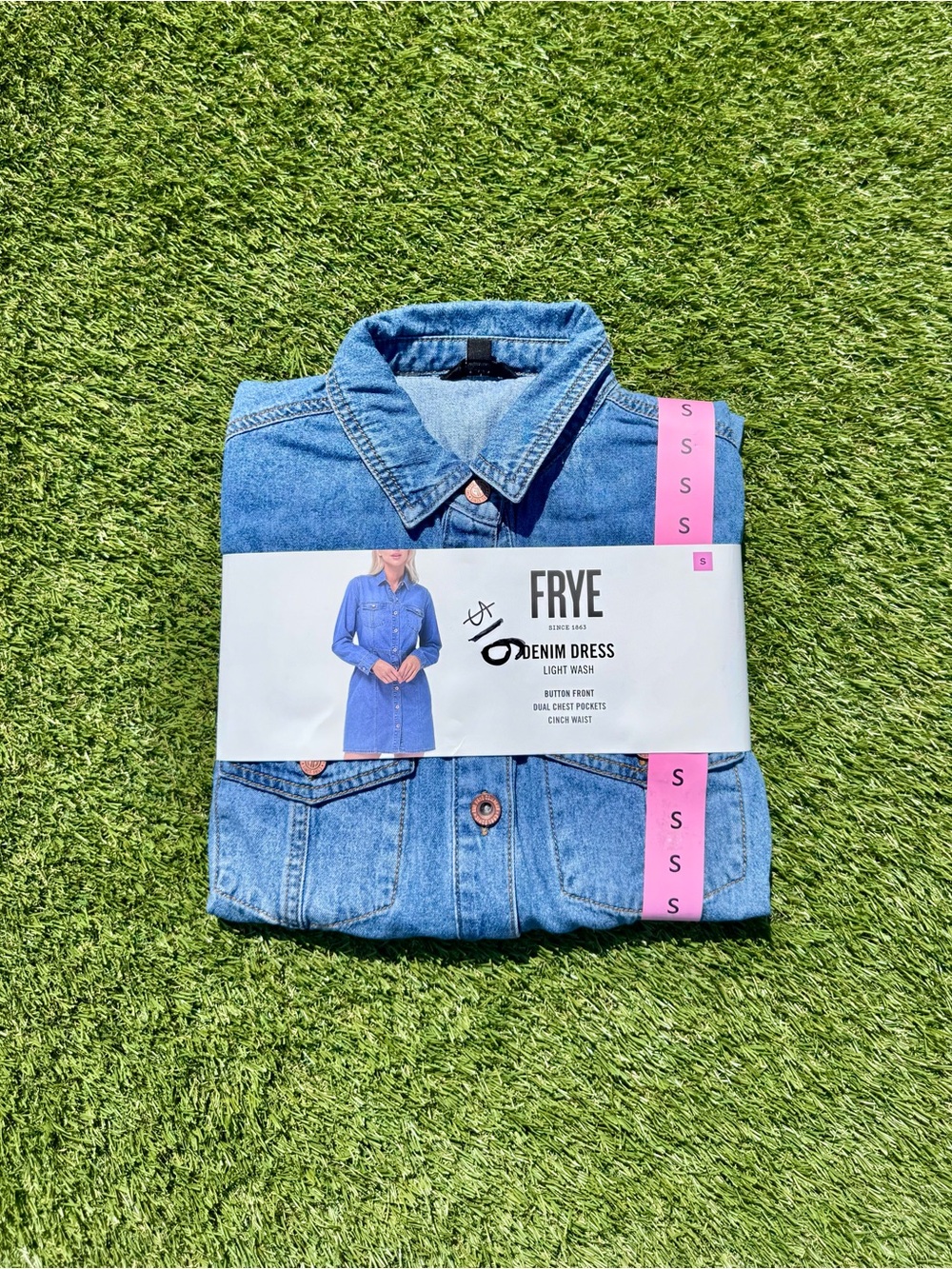 NWT Frye Women’s Denim Long Sleeve Dress Light Wash S Button-Front Cinch Waist